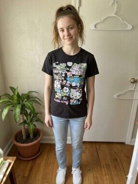 Hello Kitty Black Graphic Tee with Pastel Pink & Blue Accents
